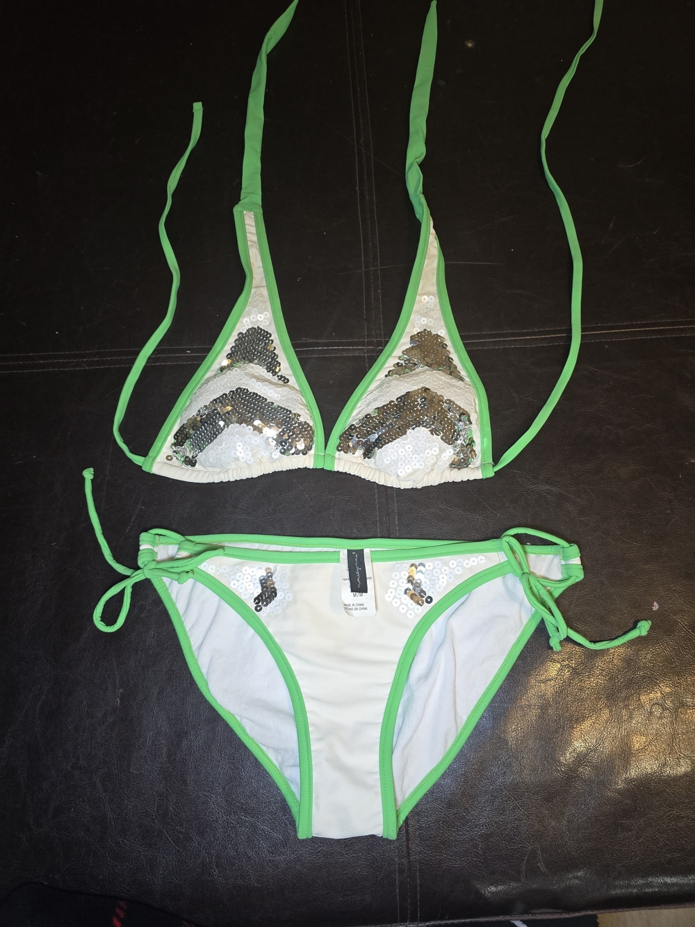 Green-Trim Sequin Triangle Bikini Set